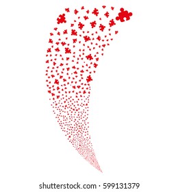 Component random fireworks stream. Vector illustration style is flat red iconic symbols on a white background. Object fountain organized from scattered symbols.