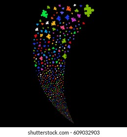 Component random fireworks stream. Vector illustration style is flat bright multicolored iconic symbols on a black background. Object fountain created from scattered symbols.