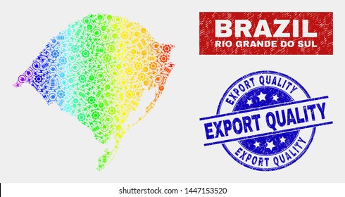 Component Rio Grande do Sul State map and blue Export Quality distress seal stamp. Rainbow colored gradiented vector Rio Grande do Sul State map mosaic of industrial parts.