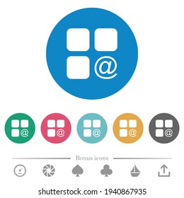 Component sending email flat white icons on round color backgrounds. 6 bonus icons included.