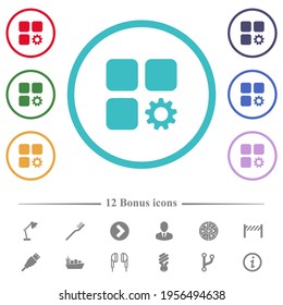 Component settings flat color icons in circle shape outlines. 12 bonus icons included.