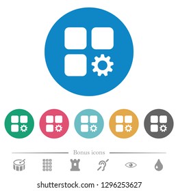Component settings flat white icons on round color backgrounds. 6 bonus icons included.