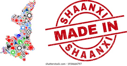 Component Shaanxi Province map mosaic and MADE IN distress stamp seal. Shaanxi Province map composition created from wrenches, wheels, instruments, elements, cars, power strikes, rockets.