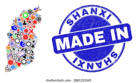 Mosaico cartográfico de componentes de la provincia de Shanxi y sello de estampado MADE IN grunge. Mosaico cartográfico de la provincia de Shanxi formado con spanners, ruedas, herramientas, componentes, vehículos, chispas eléctricas, bichos.