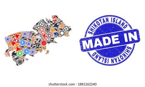 Component Shikotan Island map mosaic and MADE IN grunge rubber stamp. Shikotan Island map composition created with spanners,cogs, tools,,keys,vehicles,electricity bolts,rockets.