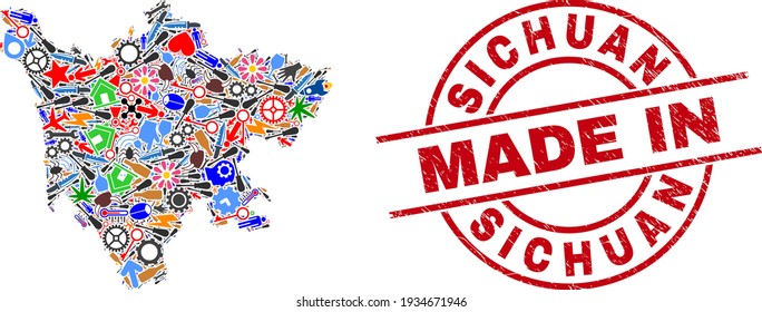 Component Sichuan Province map mosaic and MADE IN textured rubber stamp. Sichuan Province map mosaic created with wrenches, cogs, instruments, aircrafts, transports, electricity sparks, details.