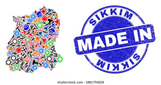 Component Sikkim State map mosaic and MADE IN textured rubber stamp. Sikkim State map abstraction formed with wrenches,cogs,screwdrivers,elements,vehicles,electricity strikes,bugs.