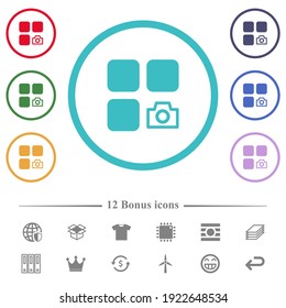 Component snapshot flat color icons in circle shape outlines. 12 bonus icons included.