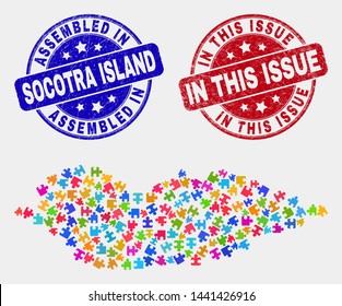 Component Socotra Island map and blue Assembled stamp, and In This Issue scratched seal stamp. Bright vector Socotra Island map mosaic of bundle. Red rounded In This Issue stamp.