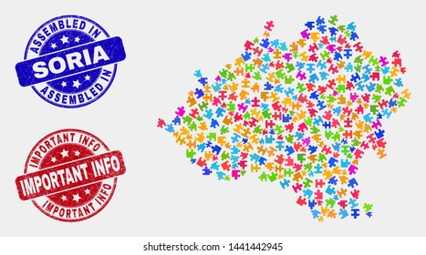 Component Soria Province map and blue Assembled seal stamp, and Important Info scratched seal stamp. Colorful vector Soria Province map mosaic of bundle. Red round Important Info stamp.