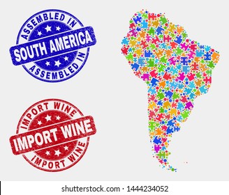 Component South America map and blue Assembled stamp, and Import Wine textured seal stamp. Bright vector South America map mosaic of bundle items. Red rounded Import Wine imprint.