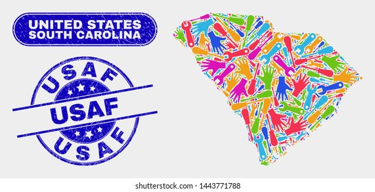 Component South Carolina State map and blue USAF grunge seal. Colored vector South Carolina State map mosaic of engineering elements. Blue round USAF seal.