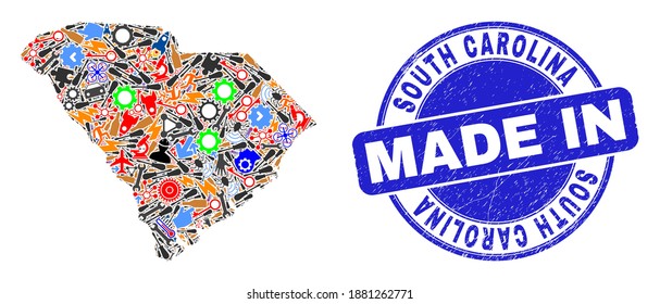 Component South Carolina State map mosaic and MADE IN scratched rubber stamp. South Carolina State map abstraction designed with spanners, gearwheels,instruments,,keys,transports,electricity sparks,