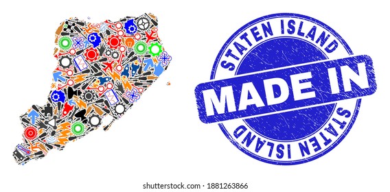 Component Staten Island map mosaic and MADE IN textured rubber stamp. Staten Island map mosaic created from wrenches,cogs,screwdrivers,components,transports,electricity sparks,bugs.