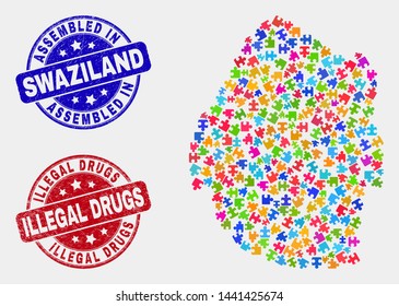 Component Swaziland map and blue Assembled seal stamp, and Illegal Drugs scratched seal stamp. Colored vector Swaziland map mosaic of plugin items. Red round Illegal Drugs rubber.