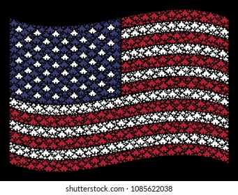 Component symbols are grouped into waving USA flag abstraction on a dark background. Vector concept of America state flag is combined from component elements.