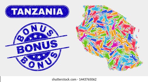 Component Tanzania map and blue Bonus textured stamp. Colored vector Tanzania map mosaic of engineering components. Blue rounded Bonus stamp.