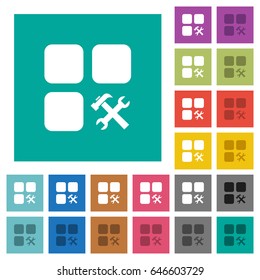 Component tools multi colored flat icons on plain square backgrounds. Included white and darker icon variations for hover or active effects.