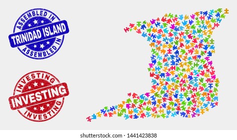 Component Trinidad Island map and blue Assembled seal stamp, and Investing textured seal stamp. Colorful vector Trinidad Island map mosaic of puzzle bricks. Red round Investing badge.