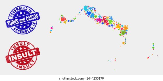 Component Turks and Caicos Islands map and blue Assembled seal stamp, and Insult scratched seal stamp. Colored vector Turks and Caicos Islands map mosaic of plug-in elements. Red rounded Insult badge.
