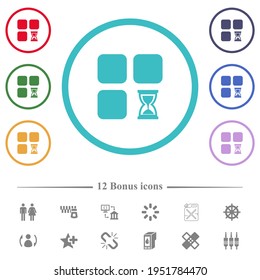 Component waiting flat color icons in circle shape outlines. 12 bonus icons included.