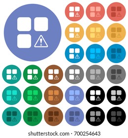Component warning multi colored flat icons on round backgrounds. Included white, light and dark icon variations for hover and active status effects, and bonus shades on black backgounds.