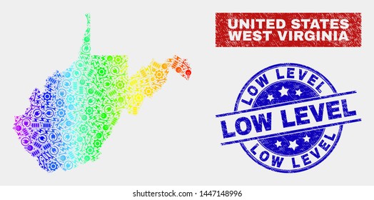 Component West Virginia State map and blue Low Level textured seal stamp. Colorful gradiented vector West Virginia State map mosaic of equipment components. Blue rounded Low Level stamp.