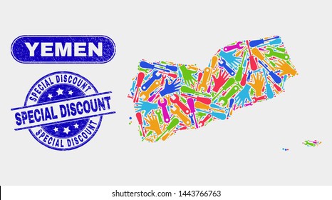 Component Yemen map and blue Special Discount distress stamp. Colorful vector Yemen map mosaic of industrial units. Blue round Special Discount stamp.