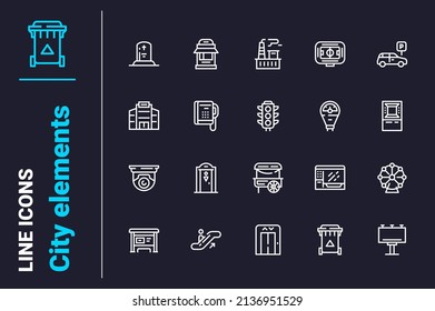 Los componentes para los iconos de decoración de ciudad establecen la ilustración vectorial. Infraestructura en el icono lineal de detalles. Arquitectura, concepto de elemento de ciudad