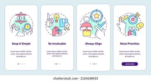 Components of communication onboarding mobile app screen. Selling walkthrough 4 steps editable graphic instructions with linear concepts. UI, UX, GUI template. Myriad Pro-Bold, Regular fonts used