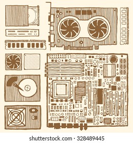 Components of desktop computer. Hand drawn pen and ink. Vintage style. Motherboard, ram, graphic card, optical disc drive, power supply unit, computer fun, hard disc drive, CPU, card reader