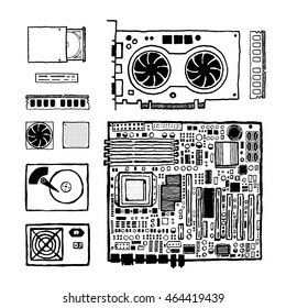 Components of desktop computer or laptop. Vintage style, hand drawn, pen and ink. Retro handcrafted design element