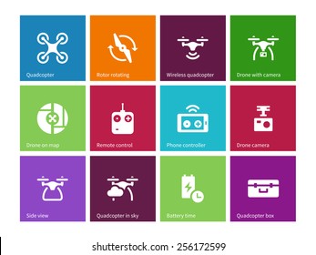 Components and equipment for quadrocopter icons on color background. Vector illustration.