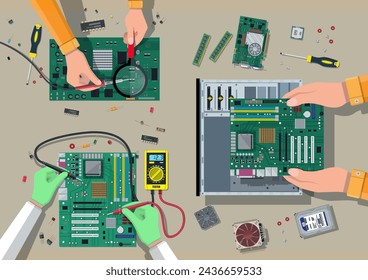 Componentes para ordenador personal. Servicio, recuperación, garantía, reparación. Montaje de PC. Hardware informático. Ilustración vectorial en estilo plano