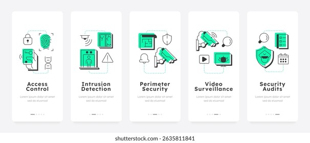 Components of physical security systems mobile app onboarding screens. Equipment providing safety improvement. Flat UI UX design, green highlight with outline icons conceptual