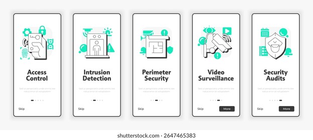 Components of physical security systems mobile onboarding screen. Prevention intrusion UX UI illustration. Flat outline style icons with green accent