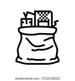 Componentes Bolsas de plástico Línea de contaminación de desechos electrónicos Vector de iconos. Componentes Bolsas de plástico e signo de contaminación de desechos. Contorno aislado Ilustración negra