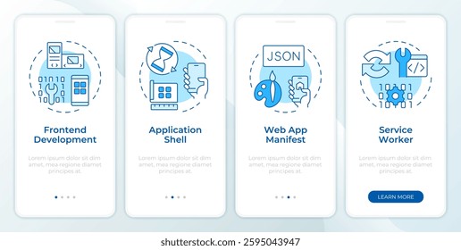 Components of PWAs blue onboarding mobile app screen. Development. Walkthrough 4 steps editable graphic instructions with linear concepts. UI, UX, GUI template