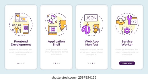 Components of PWAs onboarding mobile app screen. Development. Walkthrough 4 steps editable graphic instructions with linear concepts. UI, UX, GUI template