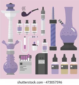 Components for smoking. Hookah, Electronic Cigarette, smoking pipe, lighter, cigarettes.