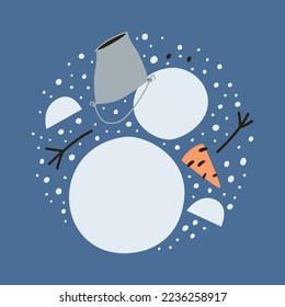 The components of the snowman. Winter games on the street. Modeling a snowman of snow and improvised materials. Nose from carrots and a bucket on the head in the style of cartoon graphics.