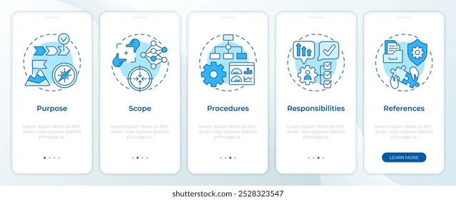 Componentes de la pantalla azul del App móvil de la incorporación de la parada. Instrucciones gráficas editables de 5 pasos con conceptos lineales. PLANTILLA UI, UX, GUI