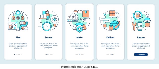 Components of supply chain management onboarding mobile app screen. Walkthrough 5 steps editable graphic instructions with linear concepts. UI, UX, GUI template. Myriad Pro-Bold, Regular fonts used