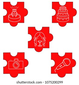 components of wedding party bright red puzzles on white background. everything for the feast and celebration of a wedding or engagement party. web site of the wedding company.