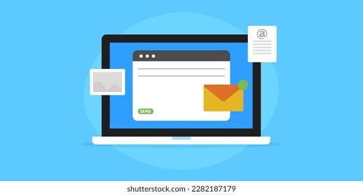 E-Mail zusammenfassen, E-Mail schreiben, E-Mail-Marketing, E-Mail-Anwendung auf Laptop-Bildschirm - Vektorgrafik mit Symbolen