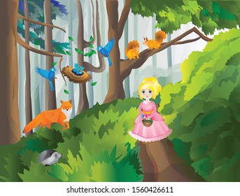 Compose a story about a good forest fairy, which helps birds return a fallen nest to a branch (the first image from the series). Kids game. Vector image. Forest landscape.