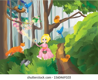 Compose a story about a good forest fairy who helps birds return a fallen nest to a branch (the third image from the series). Kids game. Vector image. Forest landscape.