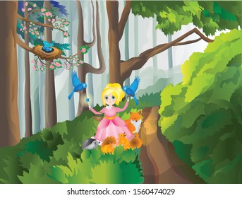 Compose a story about a good forest fairy who helps birds return a fallen nest to a branch (the fourth  image from the series). Kids game. Vector image. Forest landscape.