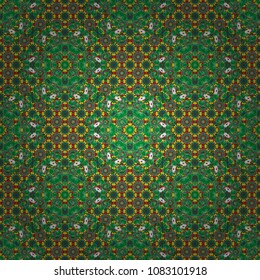 Composed in blue, brown and green colors, abstract shapes, Mandalas. Vector illustration. Useful as design element for texture and artistic compositions. Kaleidoscope seamless pattern.