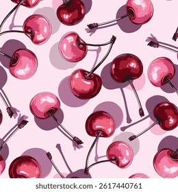 composed of elegantly scattered cherries on a light pink background
